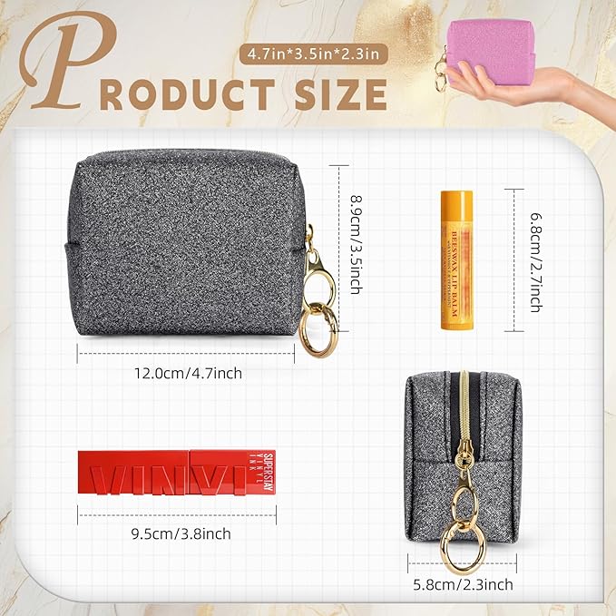 Playexen Mini Makeup Bag, Small Glitter Cosmetic Bag for Purse with Ring Buckle, Portable XS Travel Makeup Pouch for Girls Women Daily Use (Black)