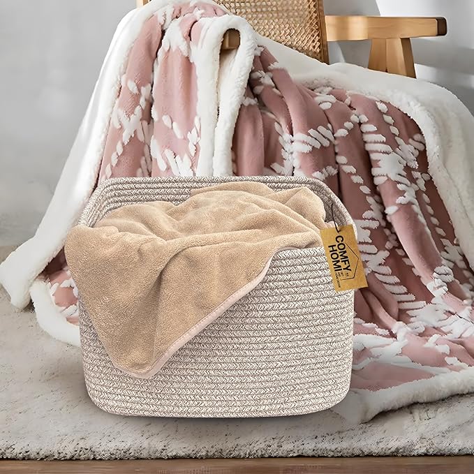 COMFY-HOMI Square Woven Cotton Rope Basket for Organizing, Gift Baskets for Handles, Empty Gift Baskets, Toy Basket for bins|13.5" x 11" x 9.5" home decor for Living Room, Bathroom