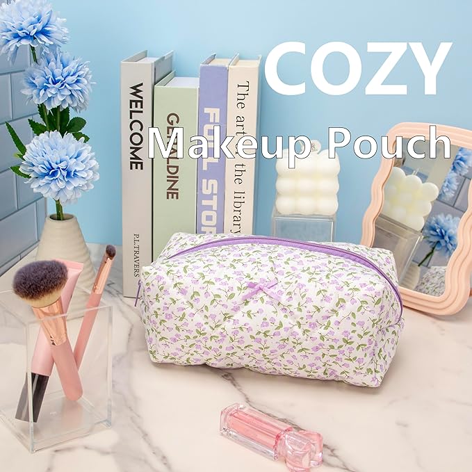 PAZIMIIK Cozy Makeup Bag for Women,Zipper Cosmetic Pouch,Floral Purple