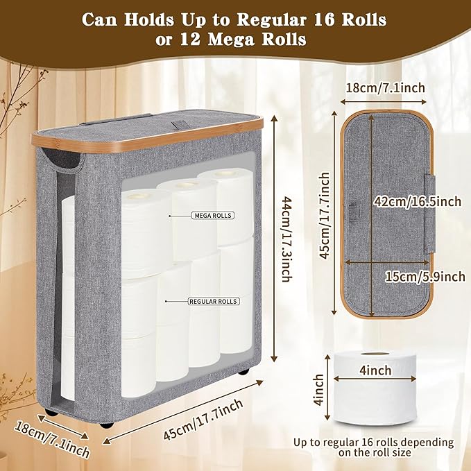 Toilet Paper Storage Basket with Lid - The Ultimate Bathroom Organizer, Free Standing Toilet Paper Holder for Up to 12 Mega Rolls, Toilet Tissue Storage Bin with Handle for RV Closet, Grey