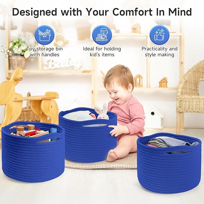 Small Rope Baskets for Storage, Baskets for Gifts Empty, Cute Round Woven Basket, Decorative Shelf Baskets 9.82×9.82×7.1", Cotton Toy Basket Storage Bins for Organizer 3 Packs