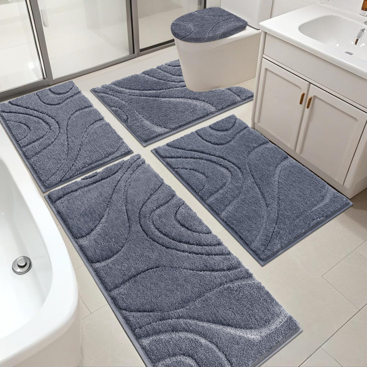 HEBE Bathroom Rugs Sets 5 Piece, Non Slip Washable Absorbent Bath Mat Set