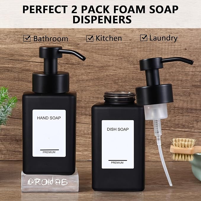 PLOUTA HOME Black Foaming Hand Soap Dispenser 2 Pack,12oz/350ml Glass Foaming Soap Dispenser Set with Stainless Steel Pump, Square Refillable Foam Pump Bottles for Bathroom&Kitchen,Includes 6 Labels