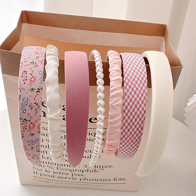 DOXISHRUKY Headbands for Women Girls, 7pc Set - Non Slip Floral Padded Headbands Cute Pearl Headband for Girls Vintage Wide Headband