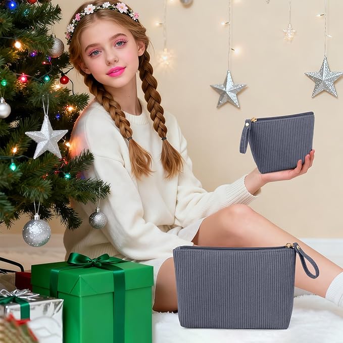 MAGEFY Small Makeup Bag, Corduroy Small Pouches for Purse Cosmetic Bag Makeup Pouches for Key Pocket Lipstick Bag Card Holder Data Cable Organizer(Grey,Small)