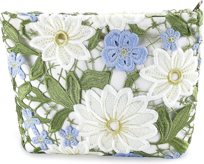 URSKYTOUS Flower Makeup Bags Travel Large Floral Cosmetic Bag for Women Cute Makeup Pouch Zippered Portable Toiletry Bag Lace Trendy Aesthetic Make up Organizer Bag Cosmetic Pouch for Purse
