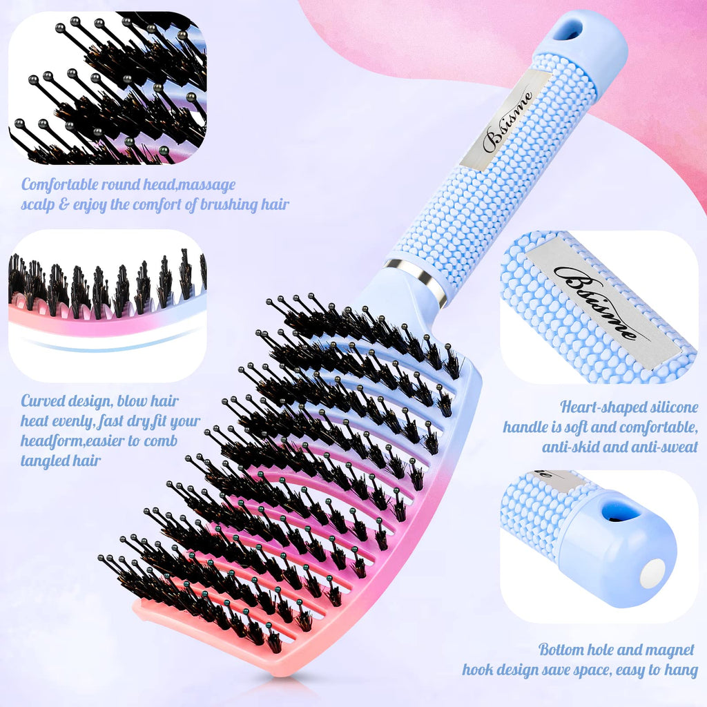 Boar Bristle Hair Brush, Curved Vented Detangler Brush Faster Blow Drying, Paddle Detangling Brush for Women Men Kids Wet Dry Long Curly Thick Straight Hair, Make Hair Shiny and Healthier(Purple+Blue)