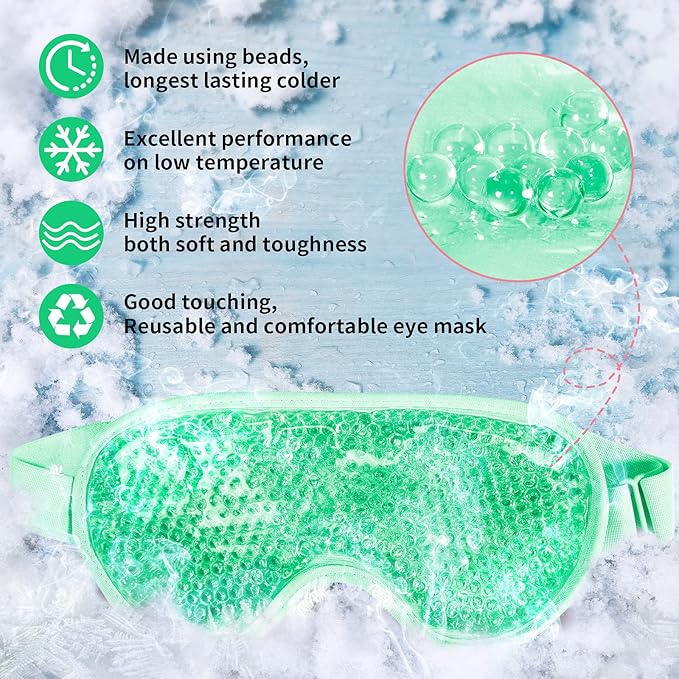 Cooling Eye Mask with Gel Beads, Reusable Cold Eye Mask for Puffy Eyes, Dark Circles, Sleep, Relaxation, Soft Cooling Eye Pads for Men Women (Green)