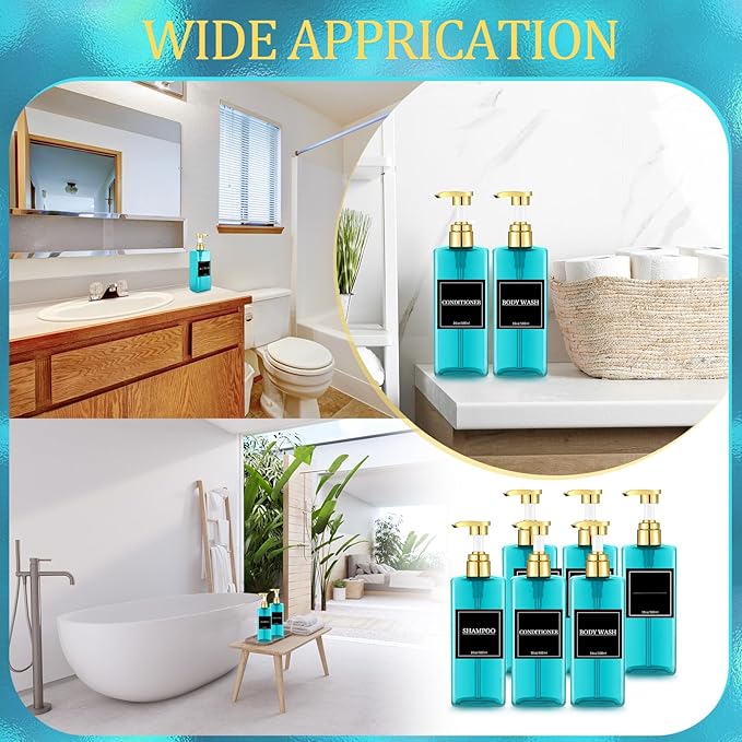 Gejoy 12 Pack Blue Shampoo and Conditioner Dispenser Bottles, 17 Oz/ 500ml Refillable Empty Pump Bottles with Labels and Marker Pen, Plastic Square Pump Dispenser Bottle for Bathroom Body Wash Shower