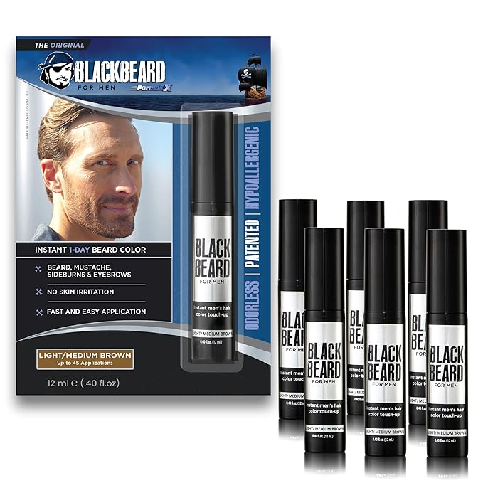 Blackbeard for Men Beard Color – 1-Day Beard, Mustache, Eyebrow, Sideburns Color – Temporary Facial Hair Tint - Hypoallergenic Beard Dye Alternative – Up to 45 applications– Light/Medium Brown, 6 Pack