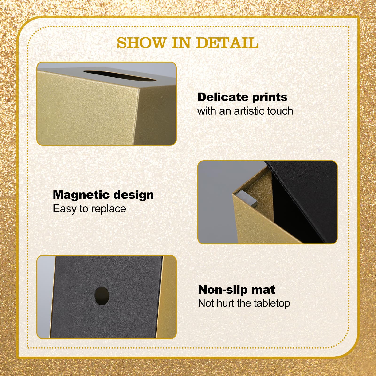 HOUSE DIARY Metal Square Tissue Box lid, Modern Facial Tissue Holder for Bathroom Vanity Tops, Bedroom Dressers, Nightstands, Desks, Offices (Gold)