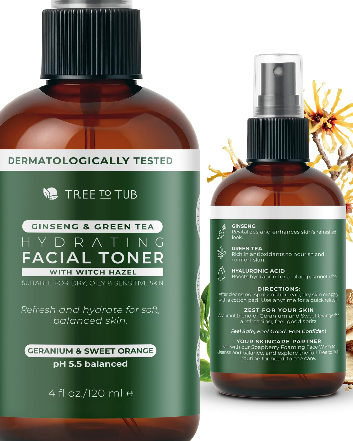 Tree To Tub Hydrating Facial Toner Spray for Dry & Sensitive Skin - Alcohol Free Witch Hazel & Rose Water Face Toner for Women & Men w/Hyaluronic Acid, Vitamin C, Organic Green Tea 2 Pack