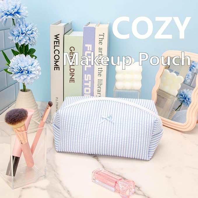 PAZIMIIK Cozy Makeup Bag for Women,Zipper Cosmetic Pouch,Stripe Blue
