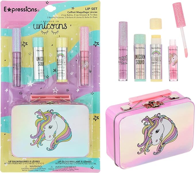 5pc Unicorn Holographic Lip Kit for Kids -Lip Glosses & Balms with Tin–Cute