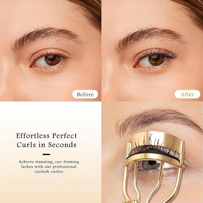 3-in-1 Professional Eyelash Curler Kit – Salon-Perfect Lashes at Home!Includes: Eyelash Curler (w/Replacement Pad), Eyebrow Tweezers & Curved Applicator Toolr – Travel-Friendly & Pain-Free (Gold)