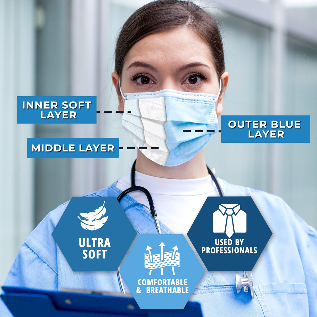 MED PRIDE Blue Medical Masks, Pack of 50 Face Masks, Disposable 3-Ply Earloop Masks, Breathable Non-Woven, Comfortable and Protective for Adults
