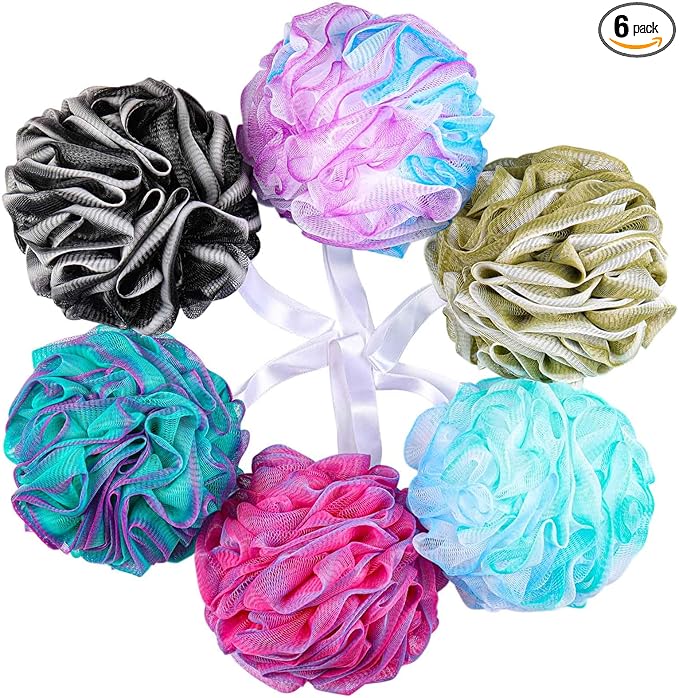 BTYMS 75g/Pc Large Loofahs Shower Sponge, Exfoliating Body Scrubber Shower Scrunchies Mesh Pouf Bath Sponges - Pack of 6