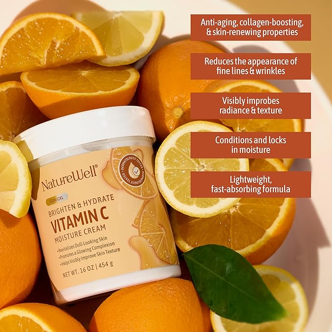 NATURE WELL Vitamin C Brightening Moisturizer Cream, Face & Body Lotion with Coconut Oil, Helps Improve Uneven Skin Tone & Dark Spots, Anti-Aging Lotion for Smooth Radiant Skin, 2 Pack (10 Oz Each)