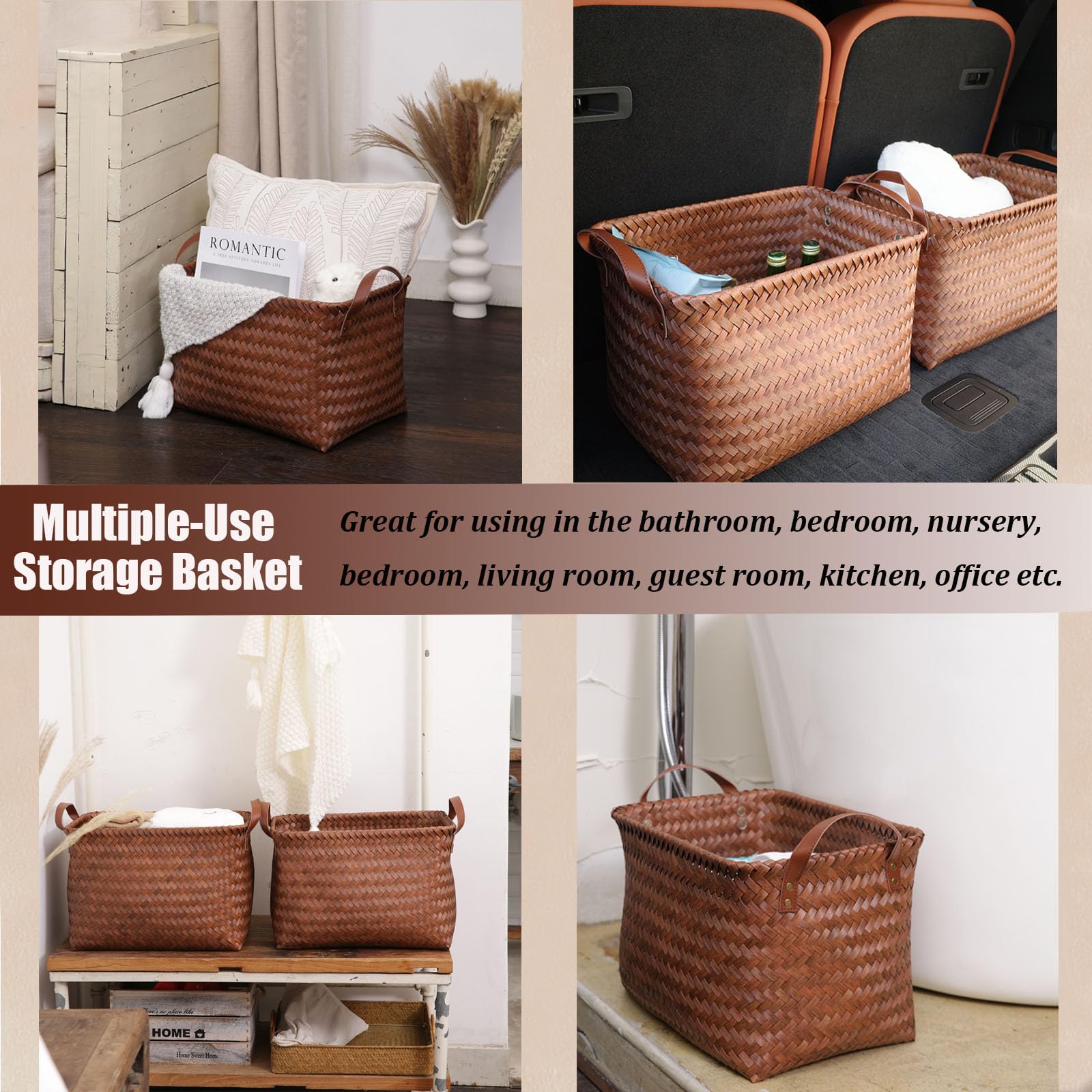 BROWNLILY Handwoven Clothes Basket Laundry Hampers Large Wicker Storage Baskets for Shelves Blankets Closet Storage Bins Car Bedroom Bathroom Organizers and Storage Bath (8, Brown)