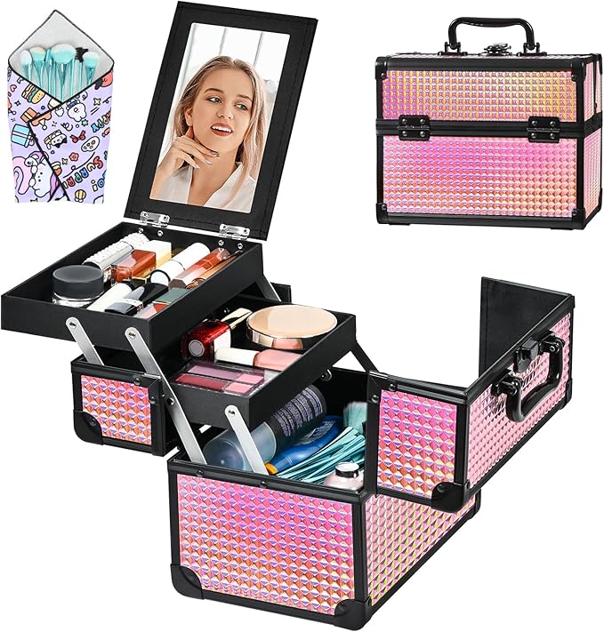 GALHUBIS Makeup Case Organizer,Makeup Train Case, Trays Cosmetic Box Portable, Profesional for Salon Barber,Black Bright Pink