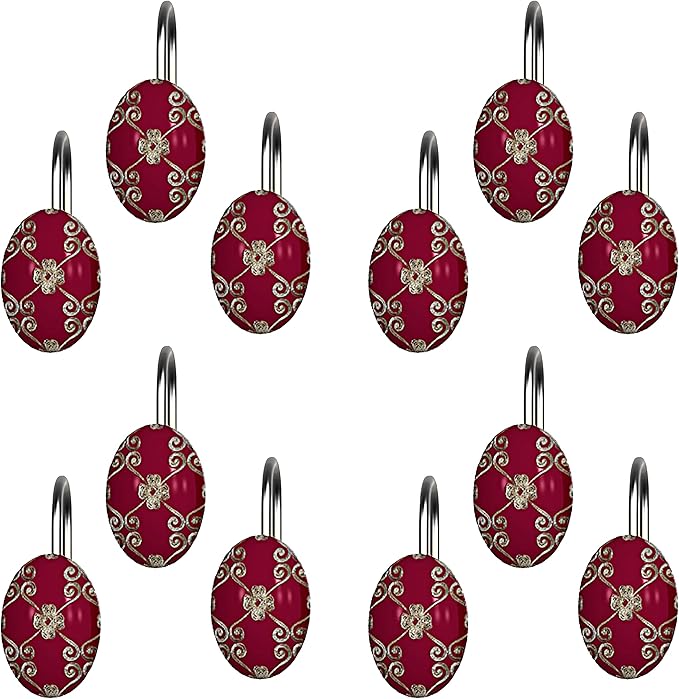 Zahari Home 13pc Elegant Rose Bathroom Shower Curtain Sets Elegant Shower Curtain & 12 Shower Curtain Rings Contemporary Decor Burgundy Shower Curtain Unique Design Stylish Shower Accessories