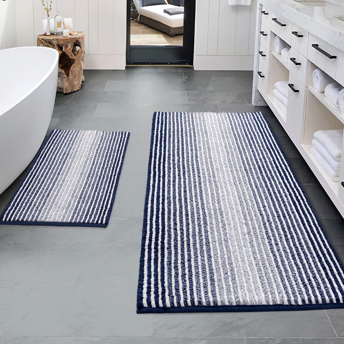 BSICPRO Bathroom Rugs Sets 2 Piece, Non Slip Striped Bath Mats, Teal