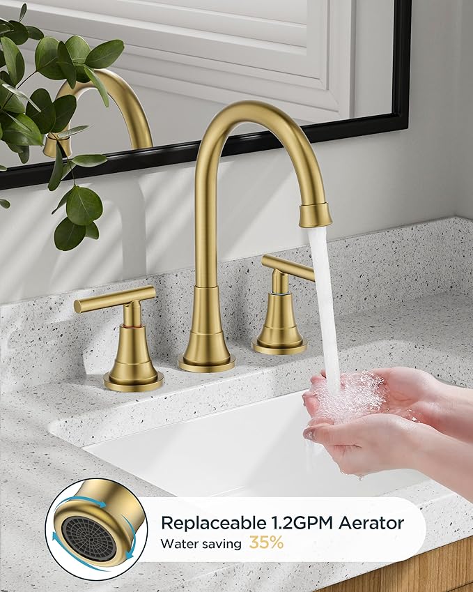FORIOUS Gold Bathroom facuet 3 Hole, 8 inch Brushed Gold Bathroom Sink Faucet Widespread with 360° Swivel Spout and Spare Water-Saving Aerator and Drain, 3 Piece Vanity Tap for Restroom Upgrade