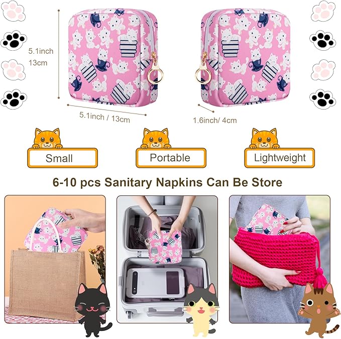Tampon Holder for Purse, Canvas Period Bag Sanitary Napkin Storage Bag for Girls Womens, Portable Feminine Emergency Pad Period Pouch(Teacup White Cat)