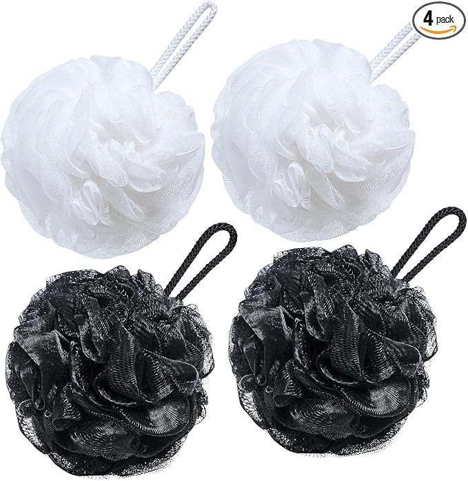 VANZAVANZU Bath Loofah Large 80g Shower Sponge Body Scrubber Mesh Pouf for Men and Women, Set of 4 (Black + White)