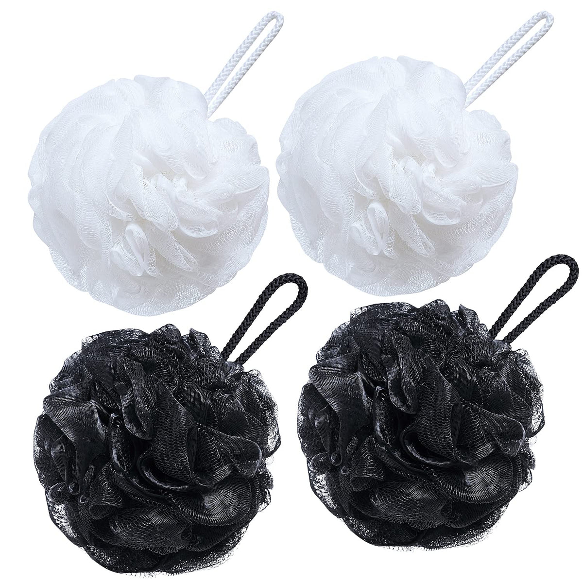 VANZAVANZU Bath Loofah Large 80g Shower Sponge Body Scrubber Mesh Pouf for Men and Women, Set of 4 (Black with White)