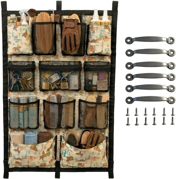 Horse Trailer Organizer & Grooming Bag - Large Hanging Door Caddy with Deep Mesh Pockets for Spray Bottles & Brushes - Heavy Duty 900D Polyester Tack Room Storage for Barn & Stall, 23" x 34"