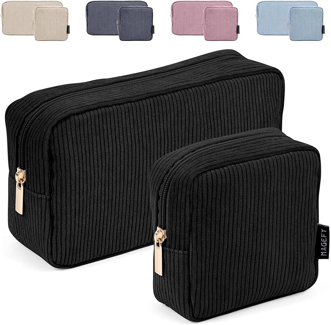 MAGEFY Makeup Bag 2 Pcs Corduroy Cosmetic Bag Mini Big Makeup Bags for Women Travel Pouch with Slip-in Pockets(Black)