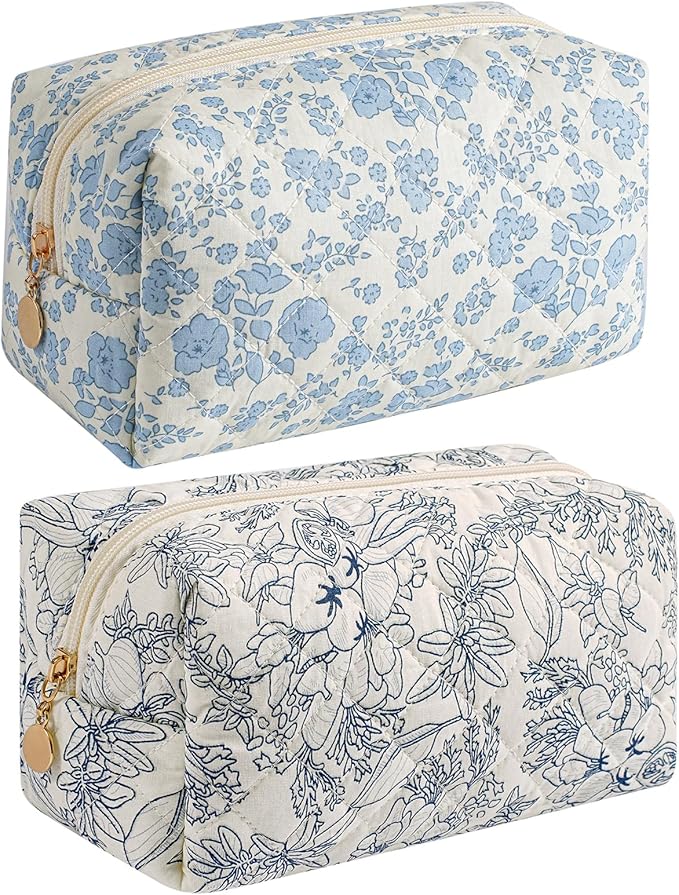 HHQQWZ Makeup Bag Travel Cosmetic Bag for Women Girls, Zipper Make Up Pouch, Floral Flowers Toiletry Organizer Makeup, Portable Storage Bag, Cosmetic Travel Cloth Bag (Blue Floral+Navy Blue Flower)