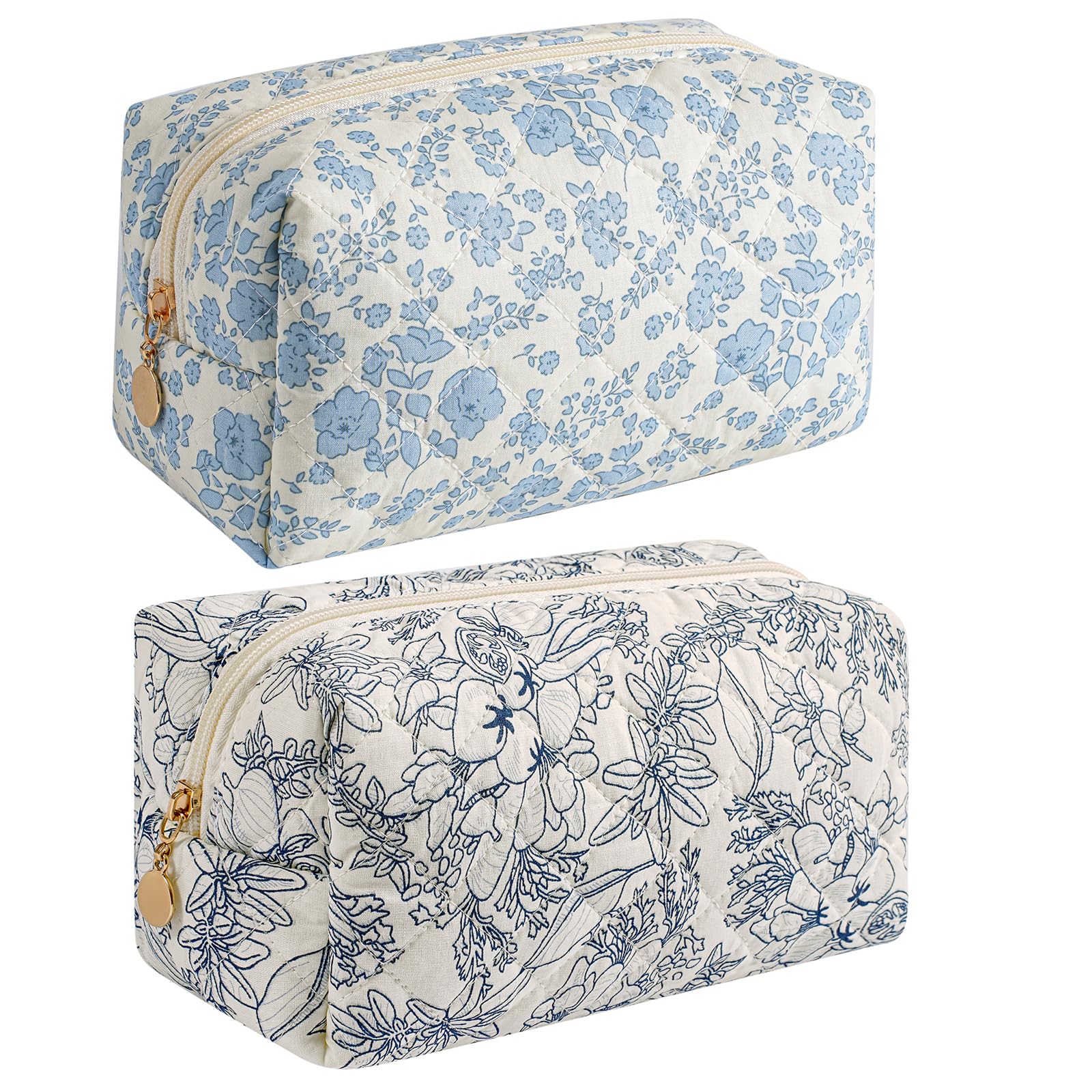 HHQQWZ Makeup Bag Travel Cosmetic Bag for Women Girls, Zipper Make Up Pouch, Floral Flowers Toiletry Organizer Makeup, Portable Storage Bag, Cosmetic Travel Cloth Bag (Blue Floral+Navy Blue Flower)