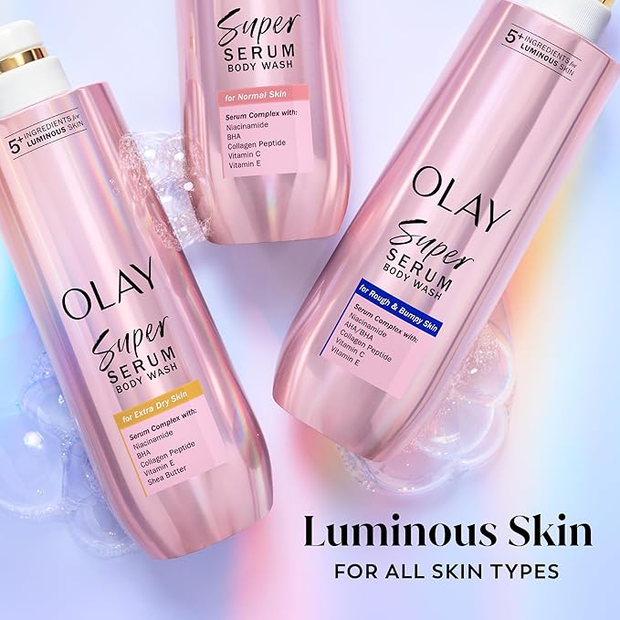 Olay Super Serum Body Wash for Extra Dry Skin, 24hr Long Lasting Hydration, 5+ Ingredient Complex for Bright Even Firm Luminous Skin, 18.5 Fl Oz