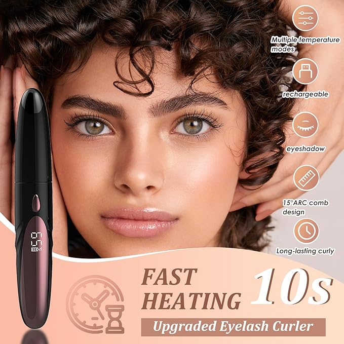 Electric Heated Eyelash Curler - USB Rechargeable with Fast 10s Heat-Up, 24-Hour Long-Lasting Hold, 4 Adjustable Heating Modes & LED Display - Essential Makeup Tool for Perfect Lashes (Black)