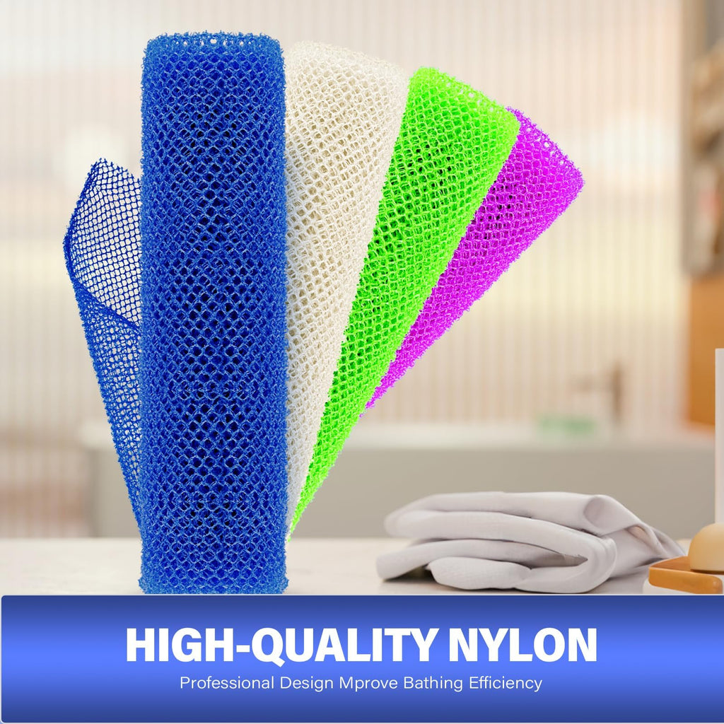 4 Pieces Exfoliating Washcloth Shower Towel African Net Sponge Japanese Wash Cloth Face Exfoliating Sponge Loofah Exfoliating Body Scrubber for Body Exfoliation (Blue, Green, Purple, White)