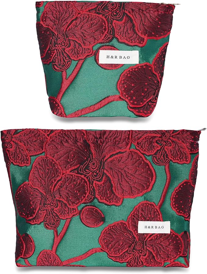 BOCGRPU 2 Pcs Makeup Bags for Purse, Large Cute Cosmetic Bag Travel Toiletry Bag Organizer for Women, Embroidery Craft Floral Makeup Bag Small Cosmetic Pouch Purse with Zipper (Elegant Red Flower)