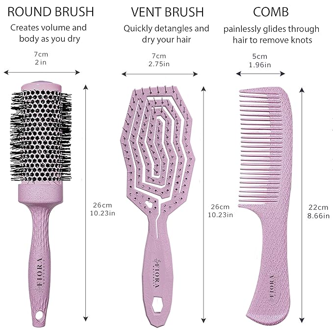 Fiora Naturals Hair Detangler, Round Brush, and Comb Set for Women - All Hair Types: Natural, Fine & Curly - Ideal for Detangling and Blow Drying