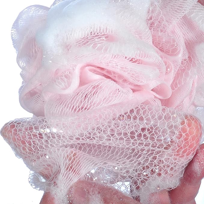 iboodi 60g/pcs Multi-Color Mesh Bath Sponge Shower Pouf Loofahs Shower Puff Pack of 4 (White,Pink,Purple and Blue)