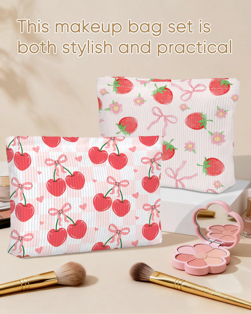 Ksriylm Cute Red Plaid Cherry Bow Knot Makeup Pouch for Women Small Make Up Check Cherries Bows Bag for Purse Zipper Initial Makeup Cosmetic Bags Pouches for Purse Aesthetic Travel Toiletry Bags
