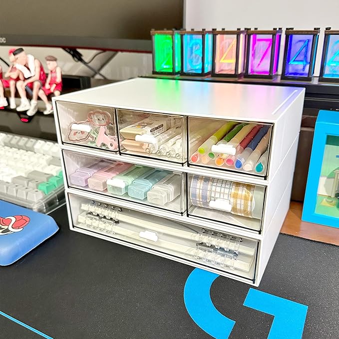 Desk Organizer with 6 Drawers, Makeup Organizer, Plastic Cosmetic Organizer, Bathroom Organization Boxes, Desktop Storage Box(White)