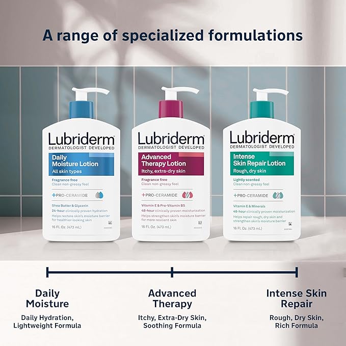 Lubriderm Daily Moisture Body Lotion + Pro-Ceramide, Body Lotion for Dry Skin, Shea Butter, Glycerin, Lightly Scented Hand Lotion, Non-Greasy 24-Hour Moisturizer, Paraben & Dye Free, 24 Fl Oz