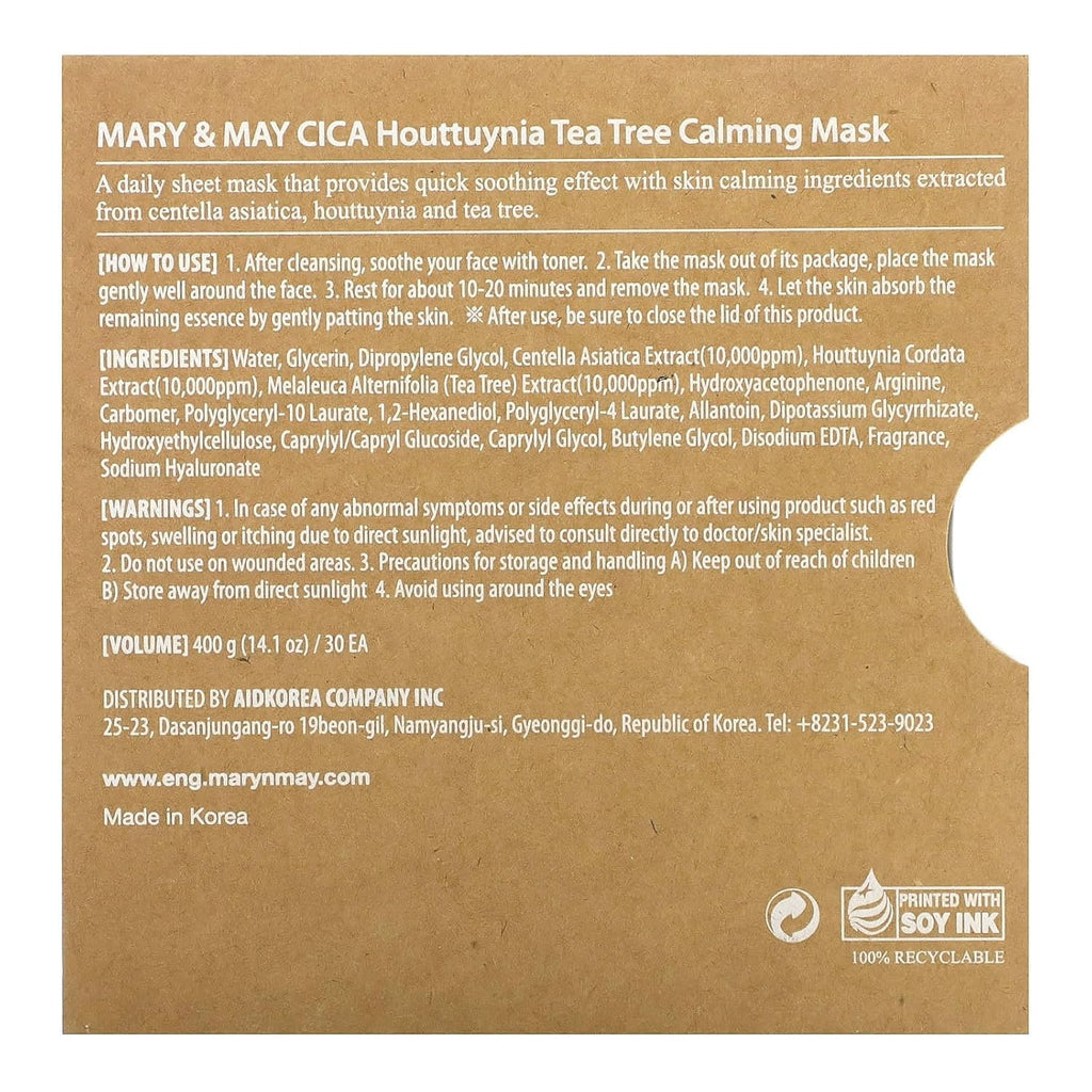 Mary&May CICA Heartleaf Tea Tree Calming Mask, 30 Sheets Pull-Out