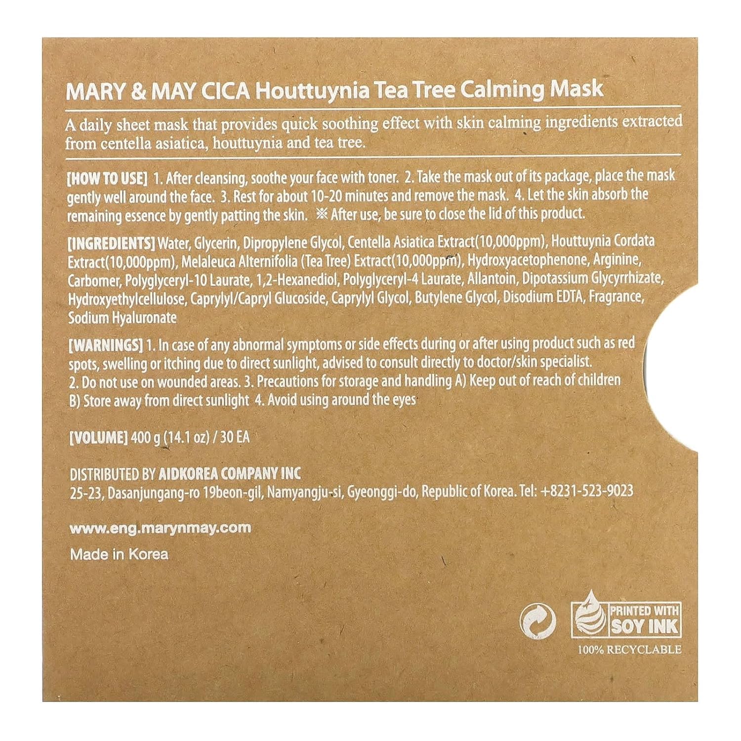 Mary&May CICA Heartleaf Tea Tree Calming Mask, 30 Sheets Pull-Out