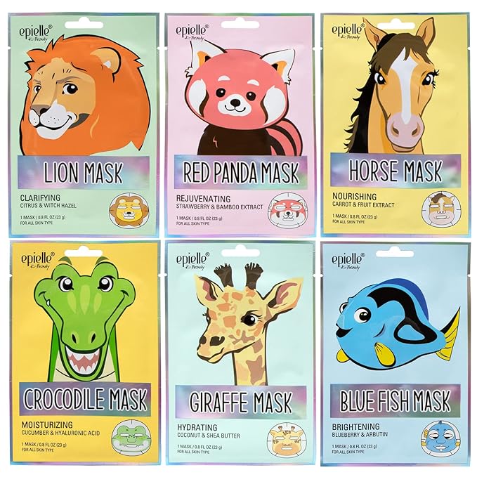 Epielle Character Face Mask Wild Kingdom 6 Pack, Fun & Effective Korean Skin Care, Spa Party Favors, Birthday Gifts for Women, Self Care Gifts