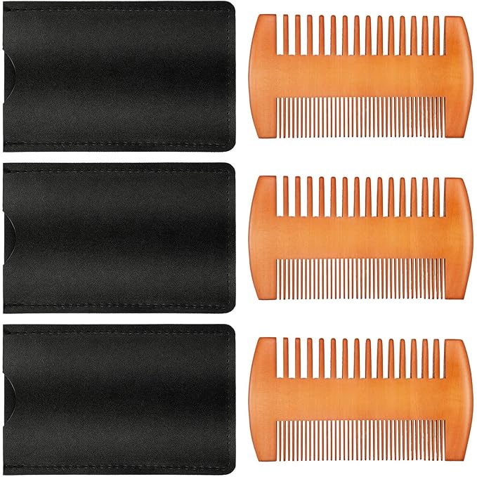 3 Pieces Beard Comb for Men Natural Sandalwood Wooden Mustaches Combs Dual Action Teeth Beard Comb with 3 Pieces Pocket Faux Leather Case for Beards Mustaches(Yellow)