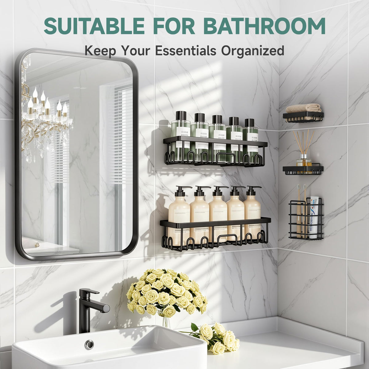 Veken Shower Caddy 5-Pack, Bathroom Organizers and Storage Shelves, Black