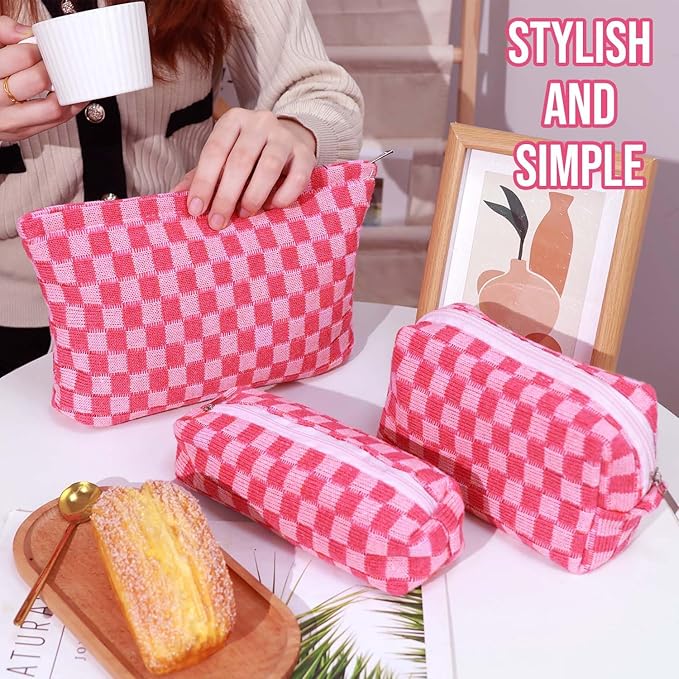 Gocvo 3 Pcs Makeup Bag Cosmetic Bag Set for Girls Women Checkered Travel Organizer Bathroom Toiletry Pouch Large Capacity Storage Bag (Rose-Red)