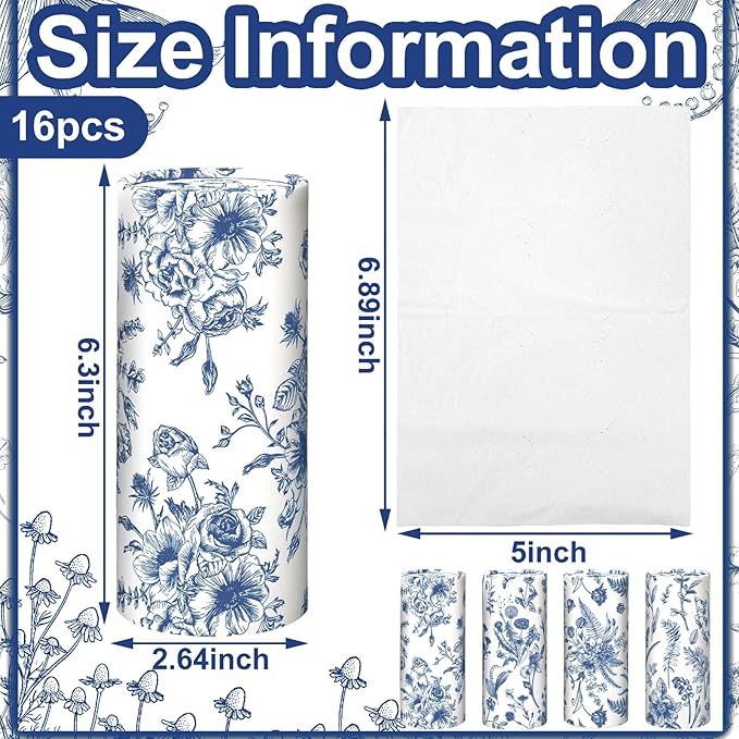 Zonon 8 Pcs Vintage Floral Round Tissues Box Car Holder with Facial Tissue Bulk Blue Flower Travel Tubes for Car with 50 Sheets Spring Cylinder Face Towel Fit for Cup Holder Round Container